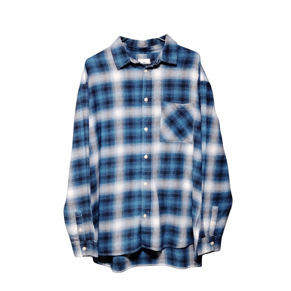 HM Relaxed Fit Plaid Flannel Button Down Shirt Blue White Large‎ L Long Sleeve